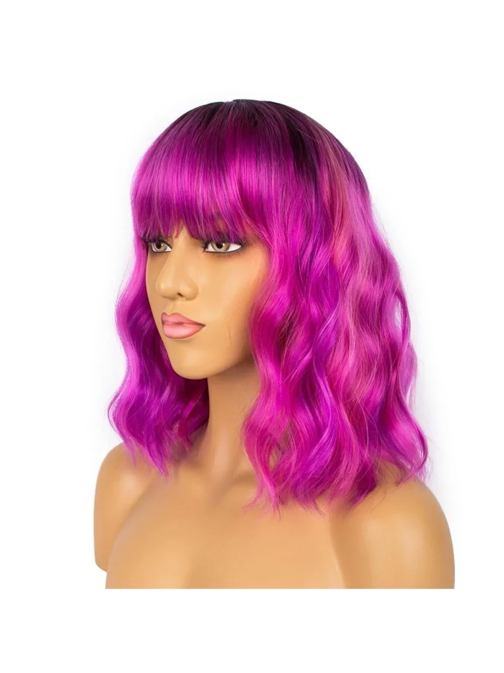 Women's Blue Shoulder Length Synthetic Loose Wavy Short Bob Wigs Bangs